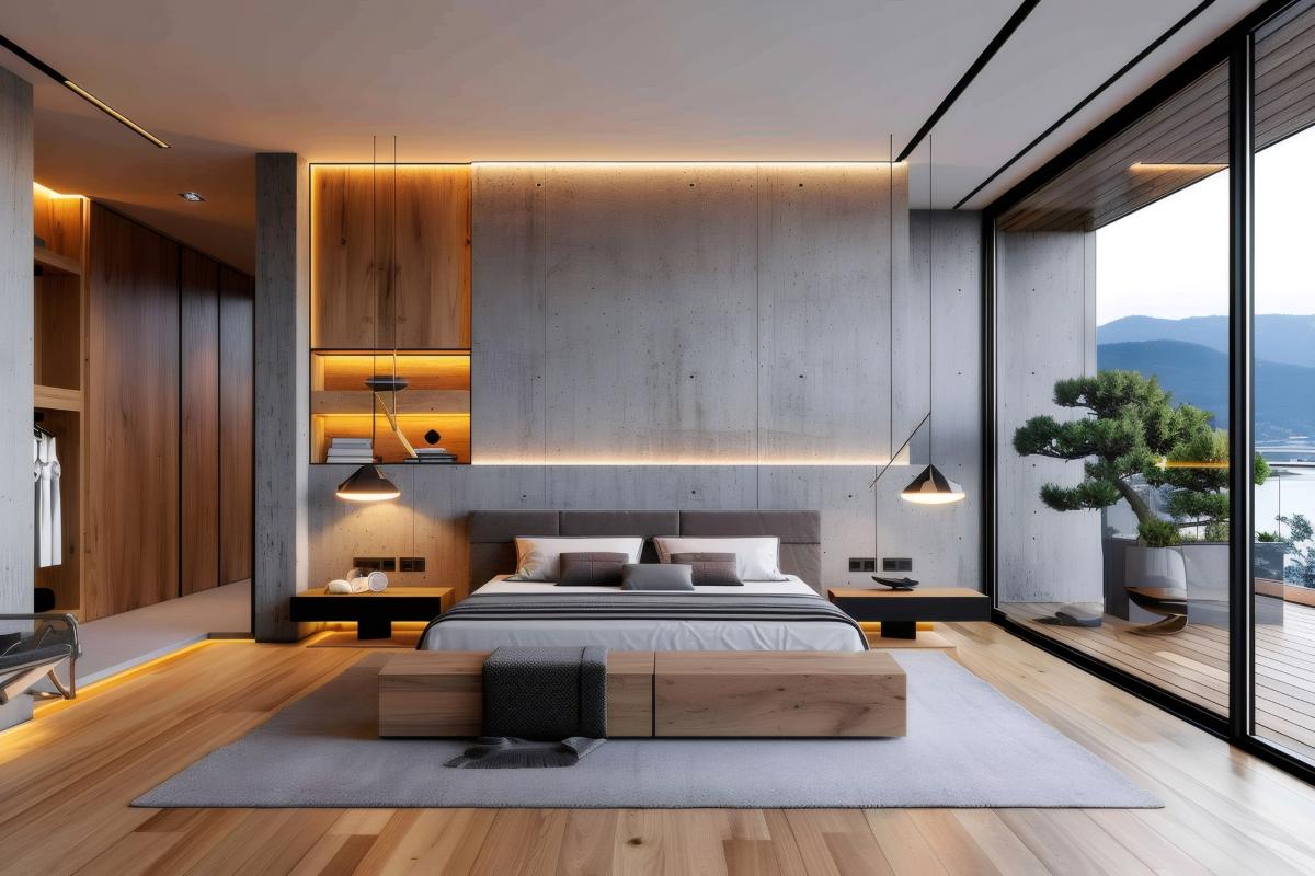 Modern bedroom with concrete wall and wooden floor